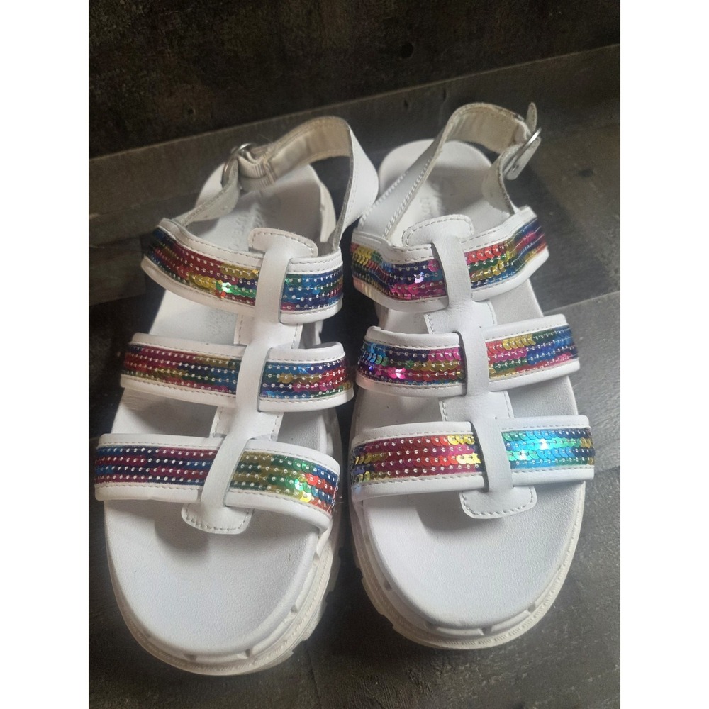 SKECHERS White Jammers Triple Rainbow Sparkly Sequin Sandals Womens Sz 7